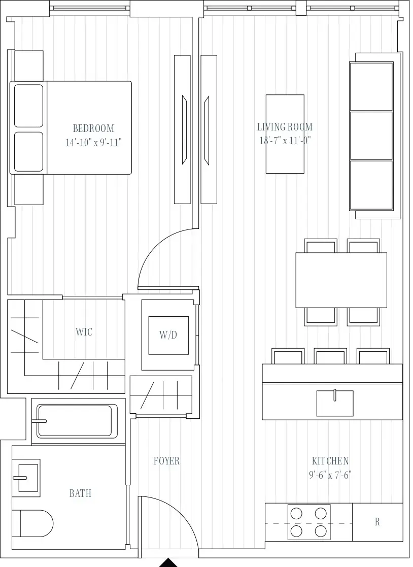 One-bedroom apartment marketing floor plan in vectorial style with furniture and room labels