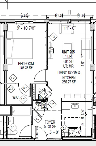 Original architectural drawing of the one-bedroom unit supplied by the client