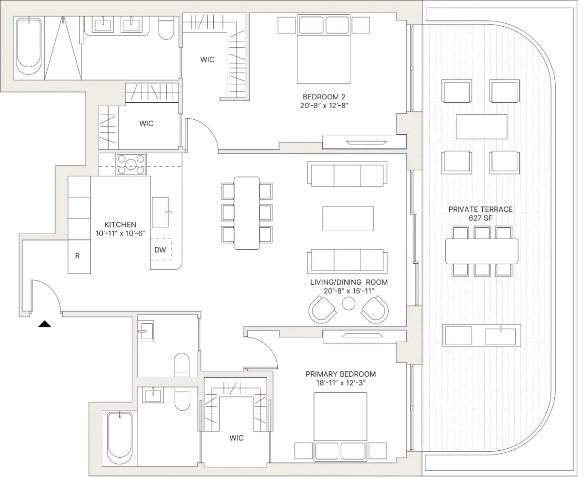 Two-bedroom apartment marketing floor plan in vectorial style with furniture and room labels