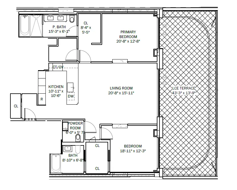Original architectural drawing of the two-bedroom unit supplied by the client