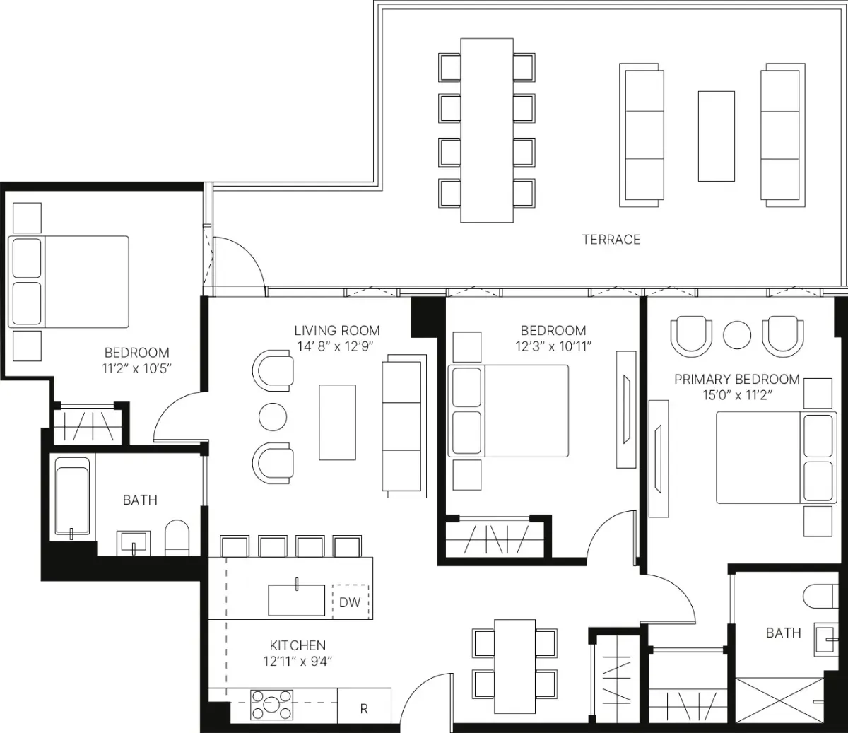Three-bedroom apartment marketing floor plan in vectorial style with furniture and room labels
