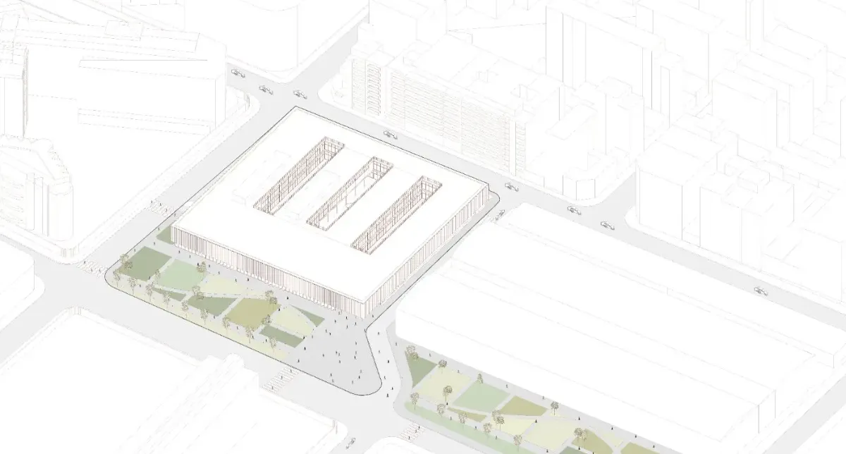 Axonometric 3D view of a residential layout showing rooms and furniture
