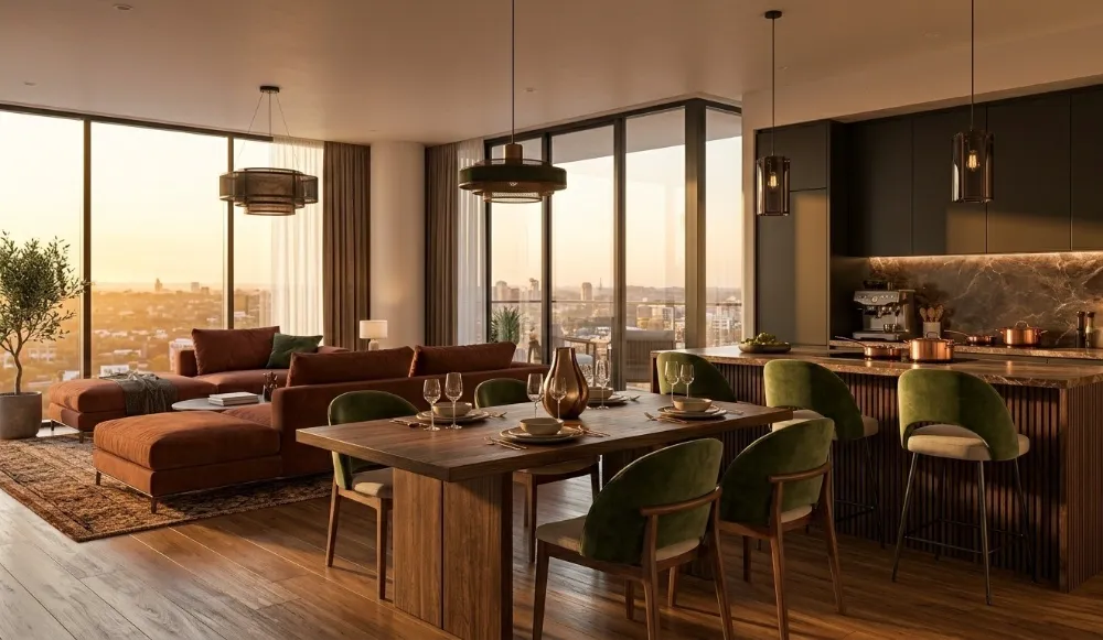 Render of an open-plan apartment living and dining area with city views at sunset