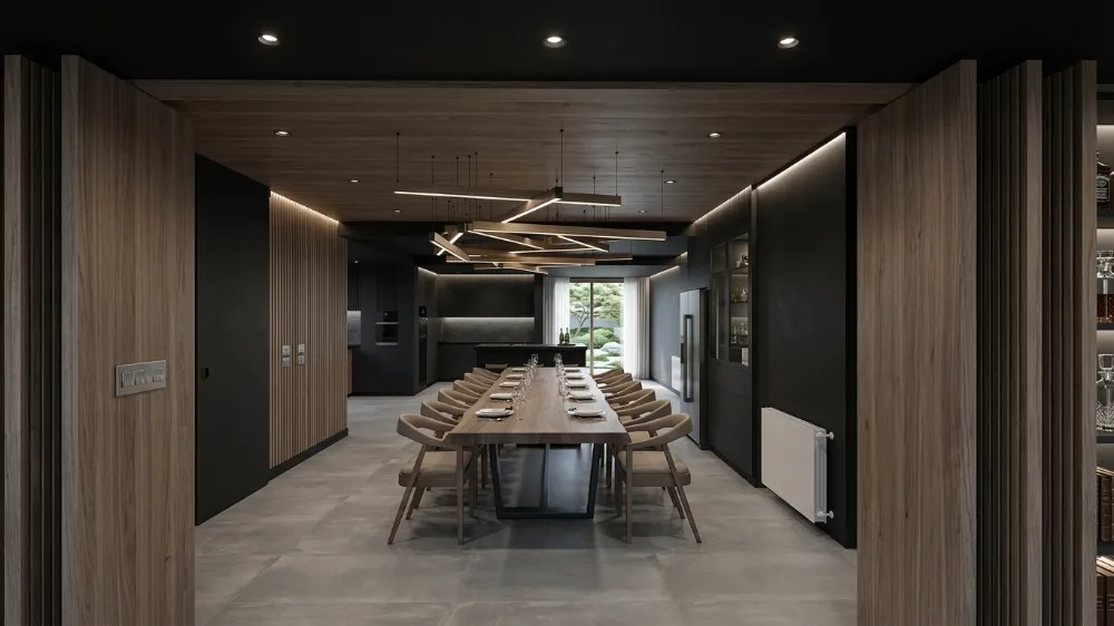 Render of a dining room with a long wooden table, wood-paneled walls and linear pendant lights