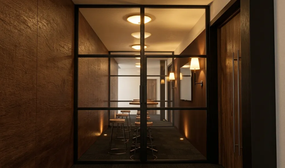 Render of a meeting room behind black steel-framed glass doors with bar stools