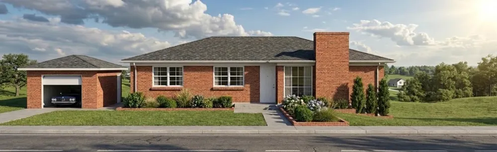 Exterior render of a single-story brick house with a detached garage and landscaped front yard