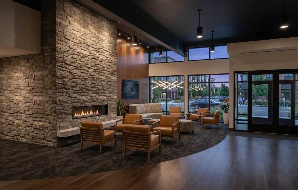Render of a building lobby lounge with a stone fireplace and leather armchairs