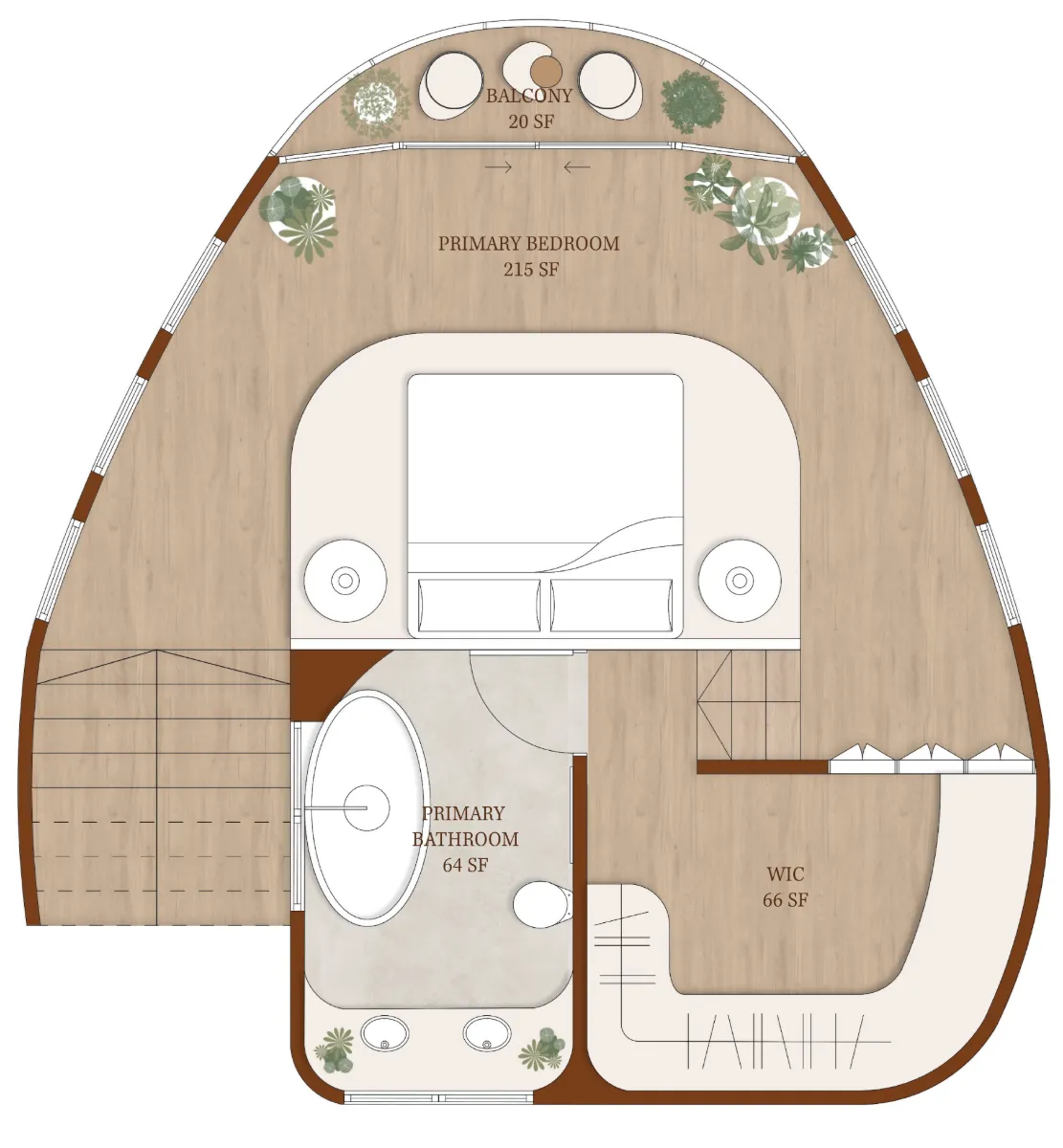 Illustrated floor plan of a primary suite with balcony, bathroom and walk-in closet