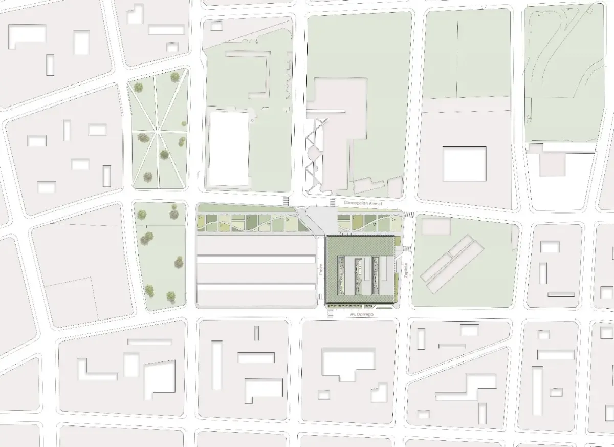 Illustrated site plan showing the property, surrounding streets and landscaping