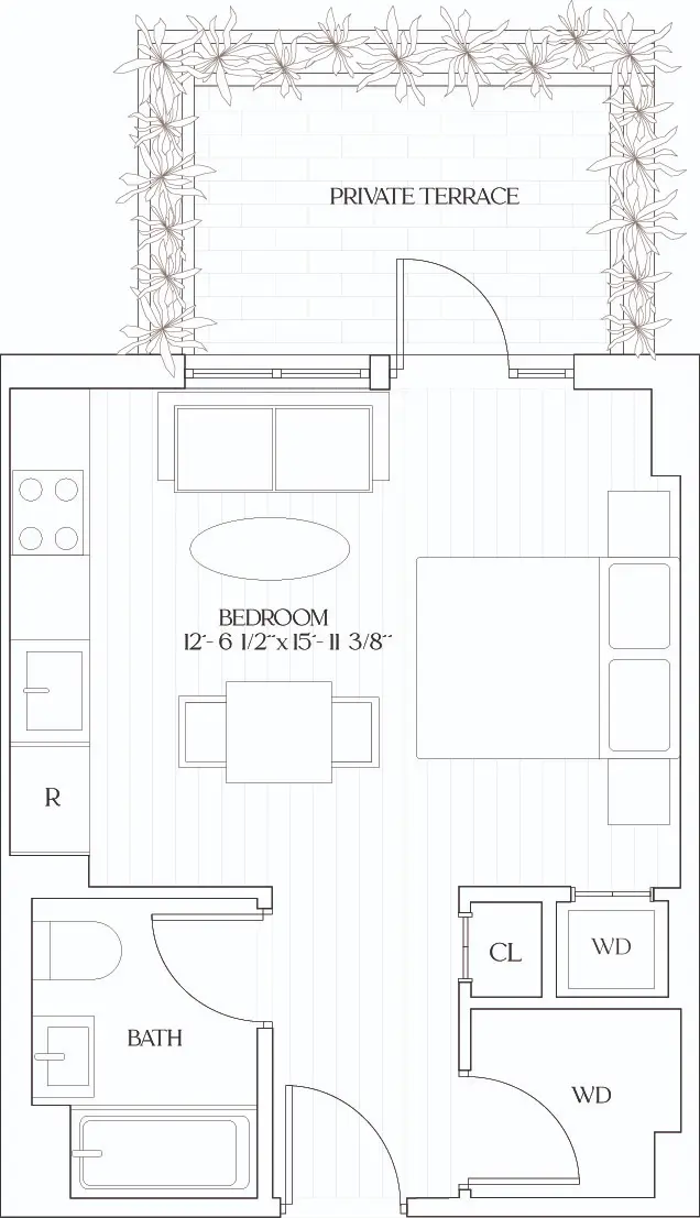 Studio unit marketing floor plan in vectorial style with furniture layout